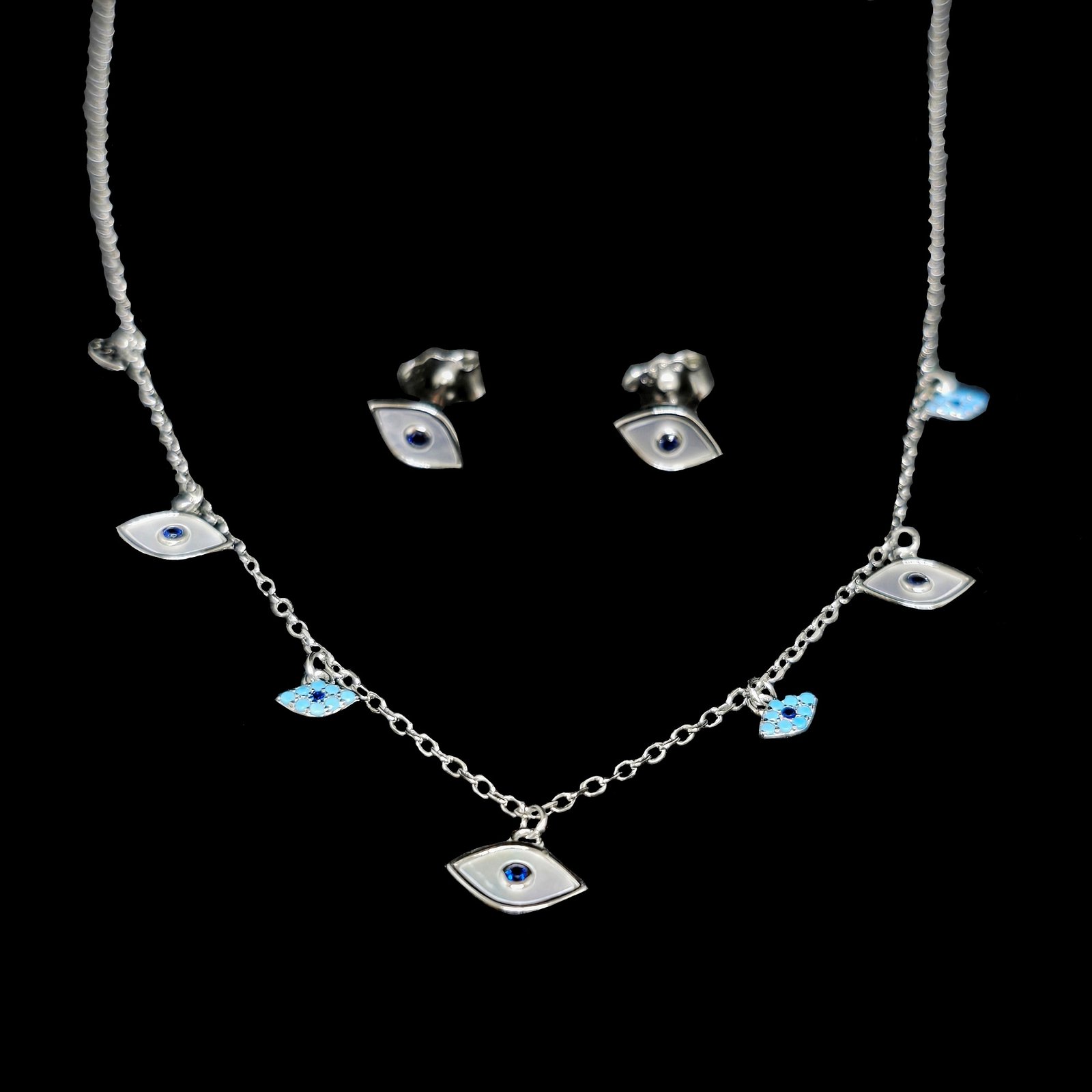 Evil Eye 925 Sterling Silver Chain Necklace With Earrings MGA - CHS2756