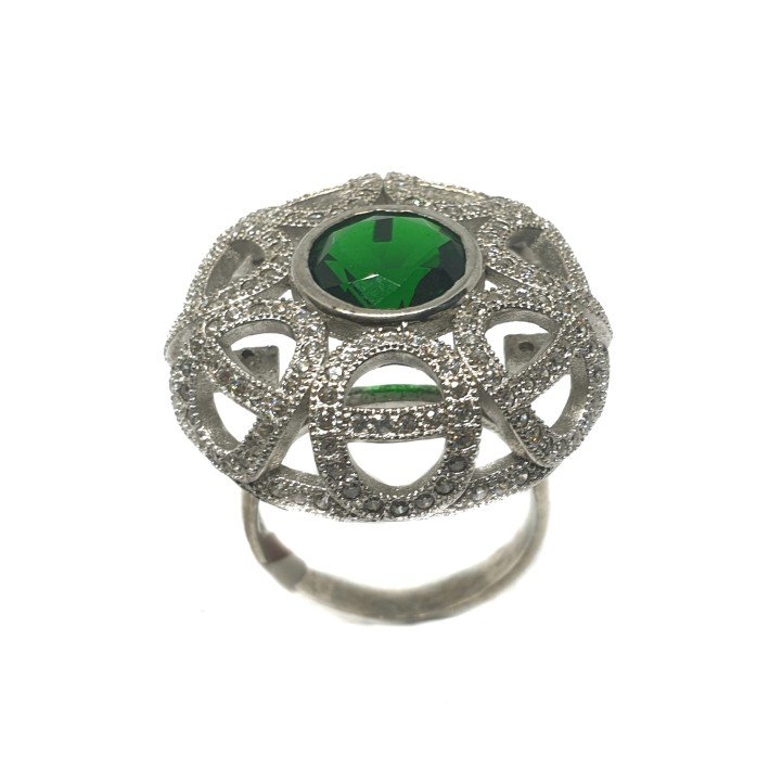 925 Sterling Silver Round Shaped Green Stone Ring MGA - LRS0269