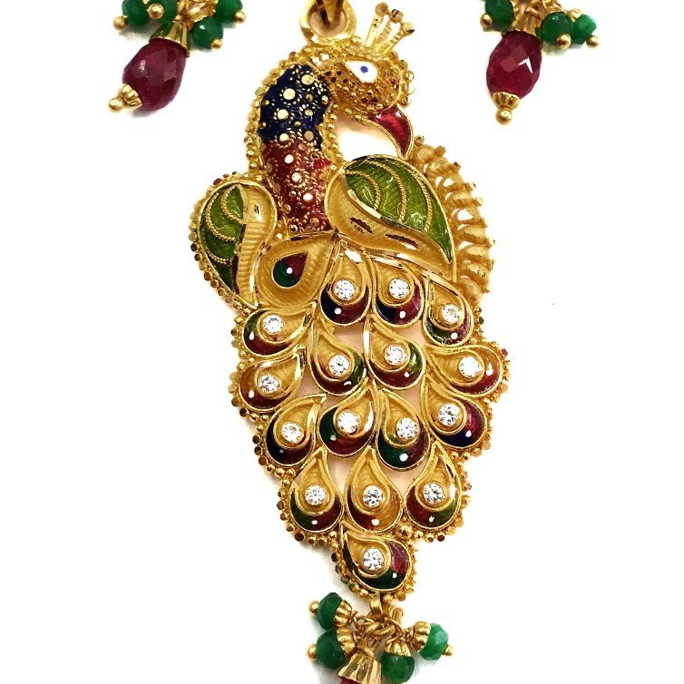 22kt Gold Meenakari Peacock Pendant Set MGA - GPS003