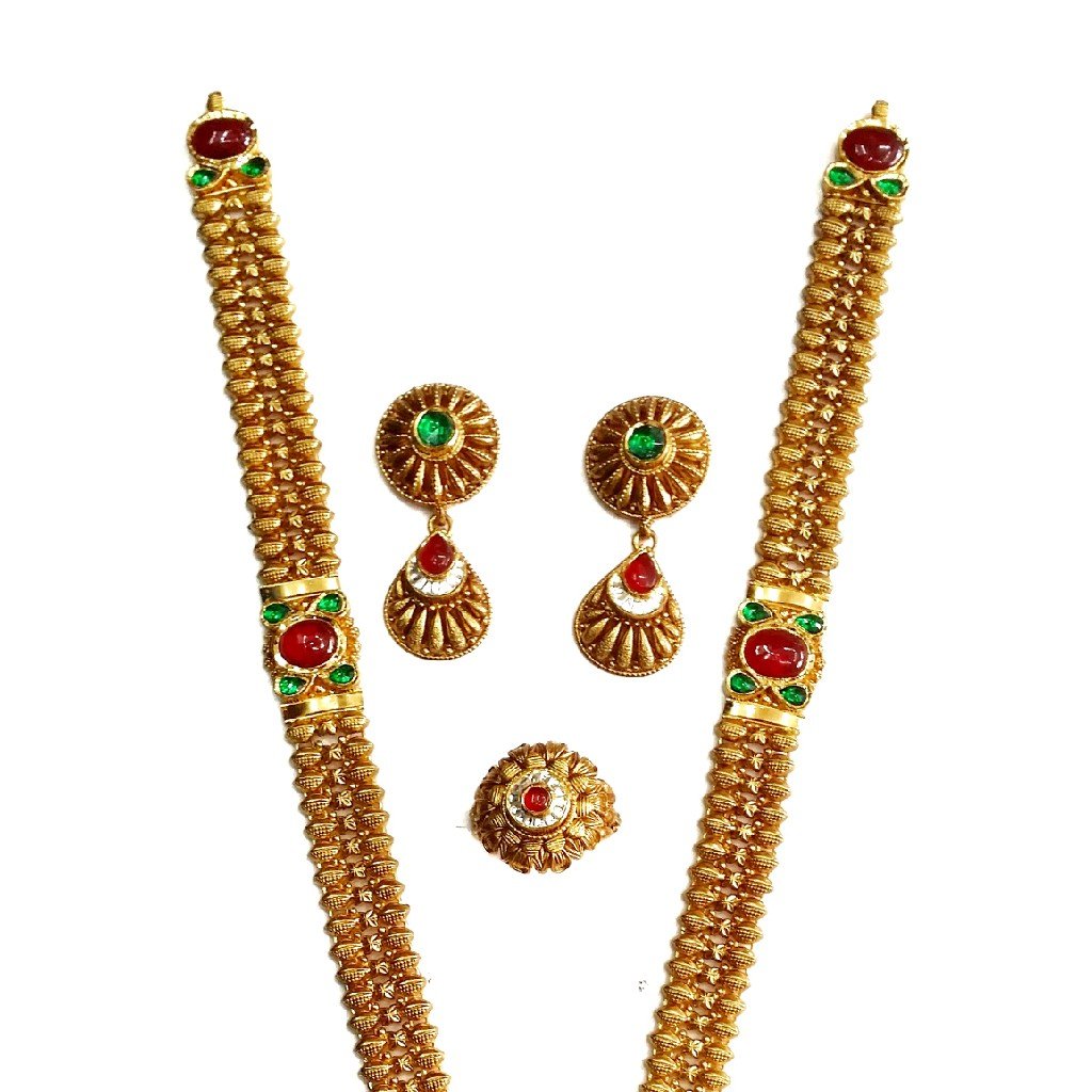 916 Gold Antique Rajwadi Necklace With Earrings & Ring MGA - GLS079