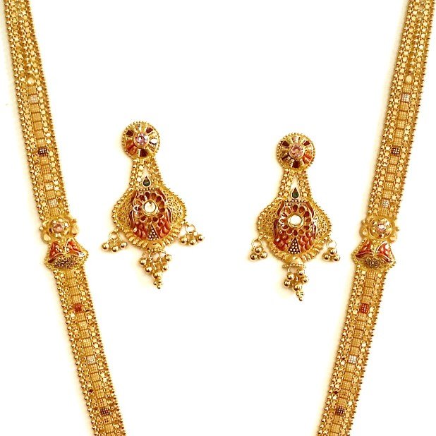 916 Gold Kalkatti Long Necklace With Earrings MGA - GLS050