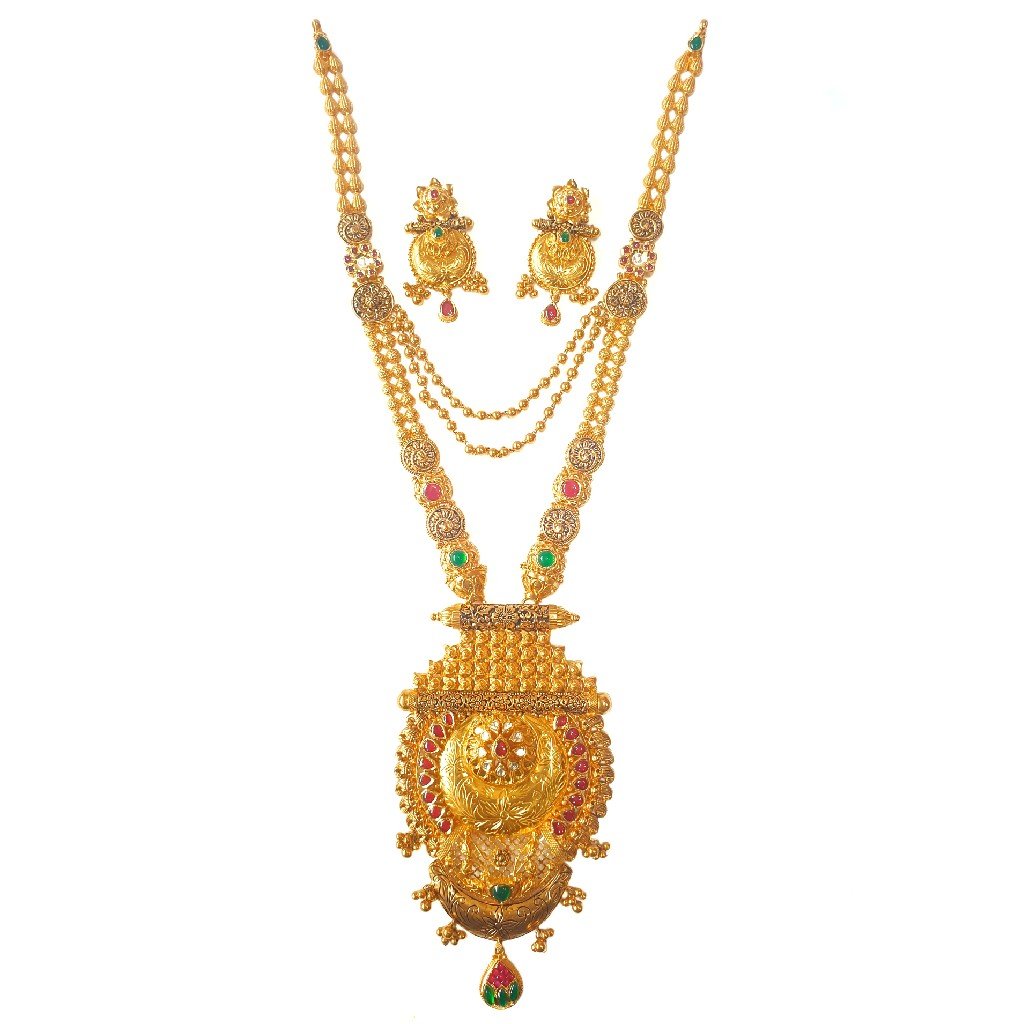 22K Gold Antique Necklace With Earrings MGA - GLS0098