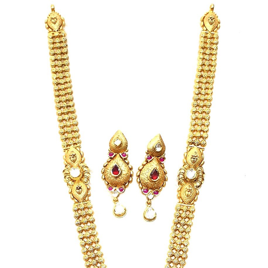 22k Gold Antique Long Necklace With Earrings MGA - GLS094