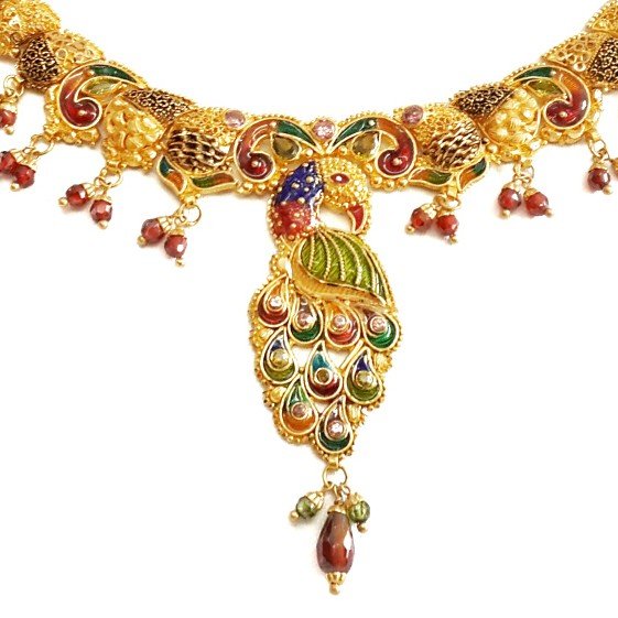 22k Gold Meenakari Peacock Necklace Set MGA - GN065