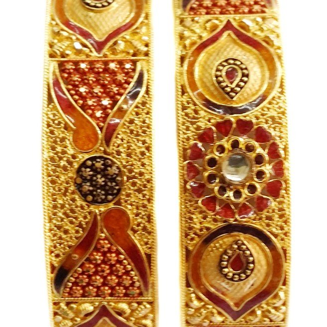 22k Gold Red Heart Shape Meenakari Flower Kada Bangles MGA - GP044