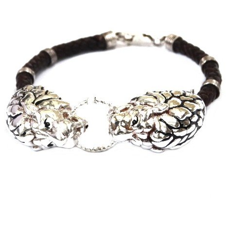 925 Sterling Silver Leather Belt Lion Bracelet MGA - KRS0106