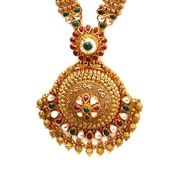 22k Gold Long Rajwadi Necklace With Jummar Buti MGA - GLS077