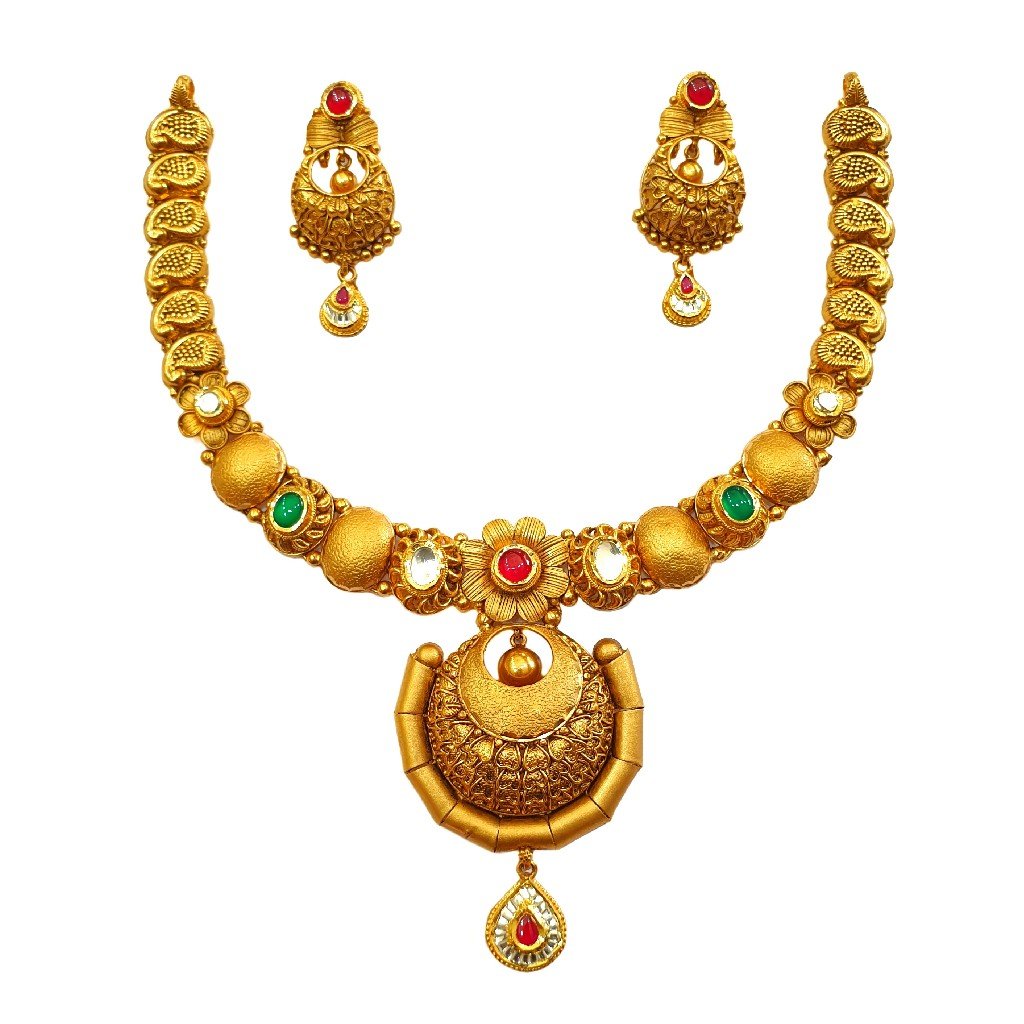 22K Gold Antique Modern Necklace Set With Earrings MGA - GN0095