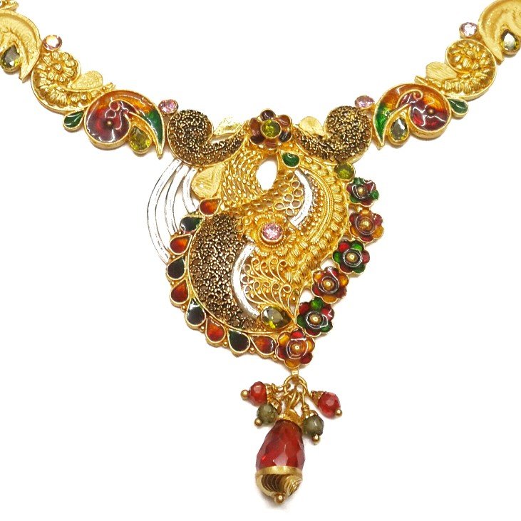 916 Gold Multi Meenakari Flower Shaped Necklace Set MGA - GN066