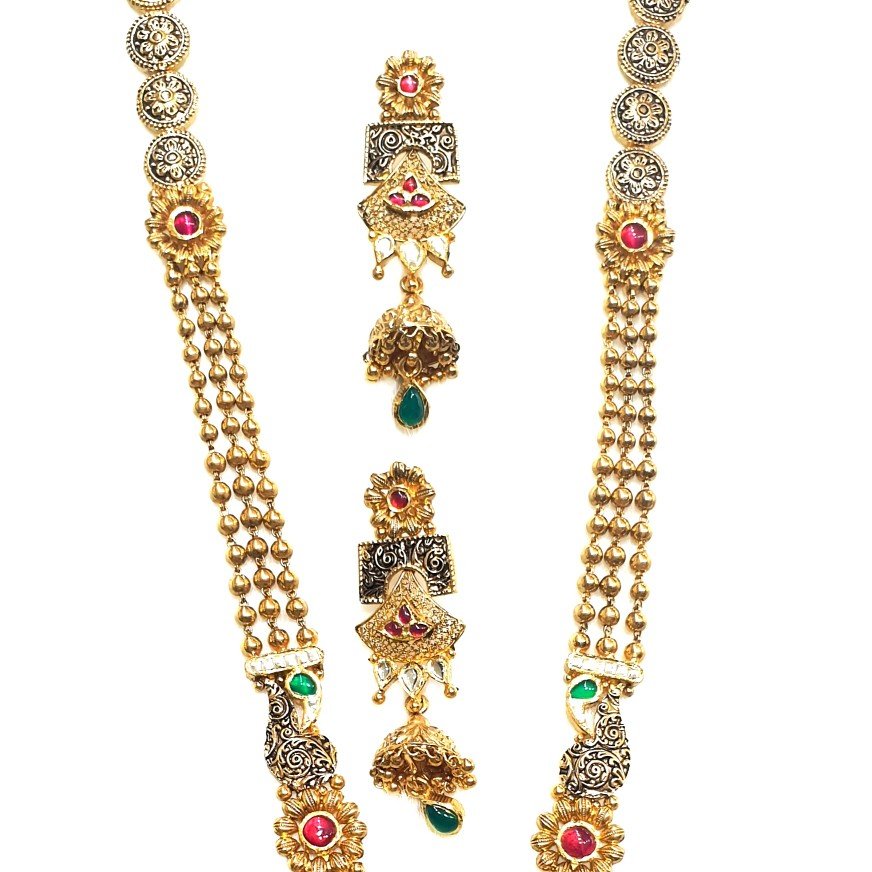 22k Gold Antique Rajwadi Necklace With Jummar Buti MGA - GLS086