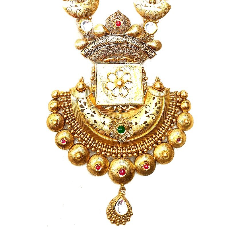 916 Gold Rajputana Style Antique Necklace With Earrings MGA - GLS095