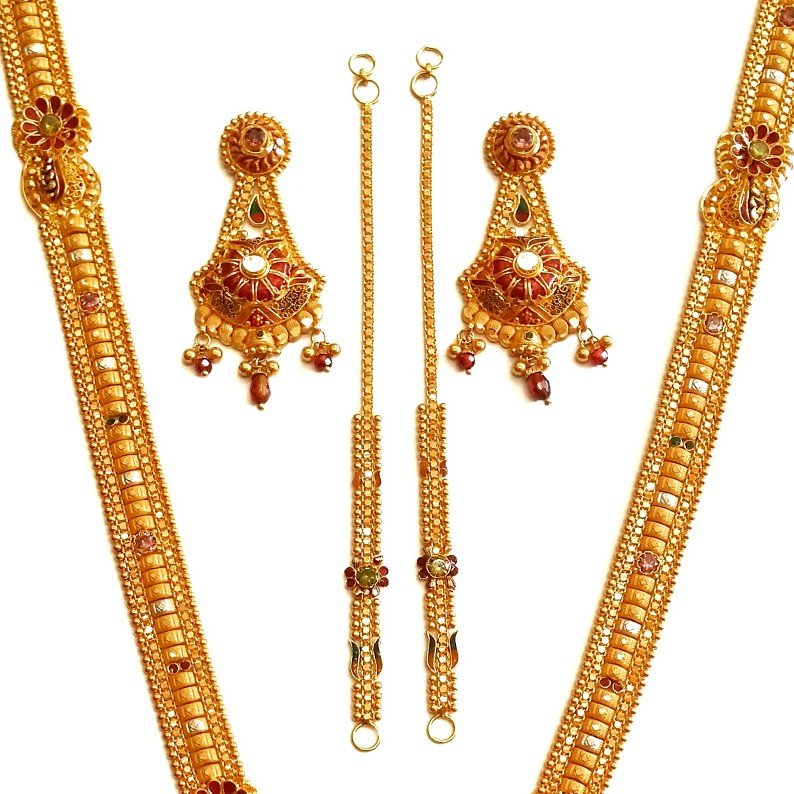 22k Gold Kalkatti Meenakari Flowers Necklace With Earrings MGA - GLS083