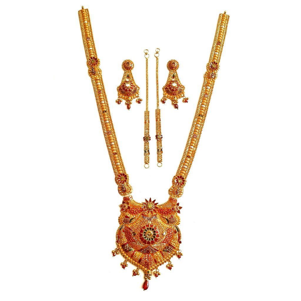 22k Gold Kalkatti Meenakari Flowers Necklace With Earrings MGA - GLS083