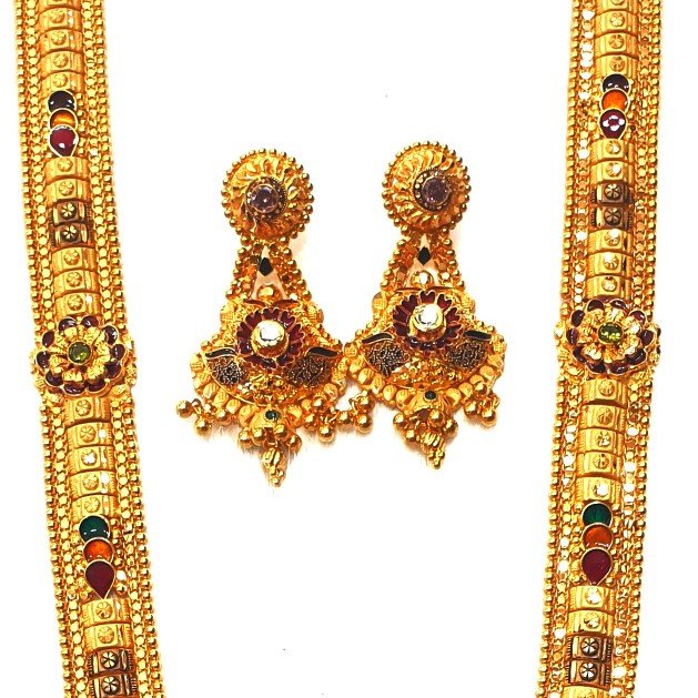 22k Gold Flower Shaped Long Necklace With Earrings MGA - GLS059